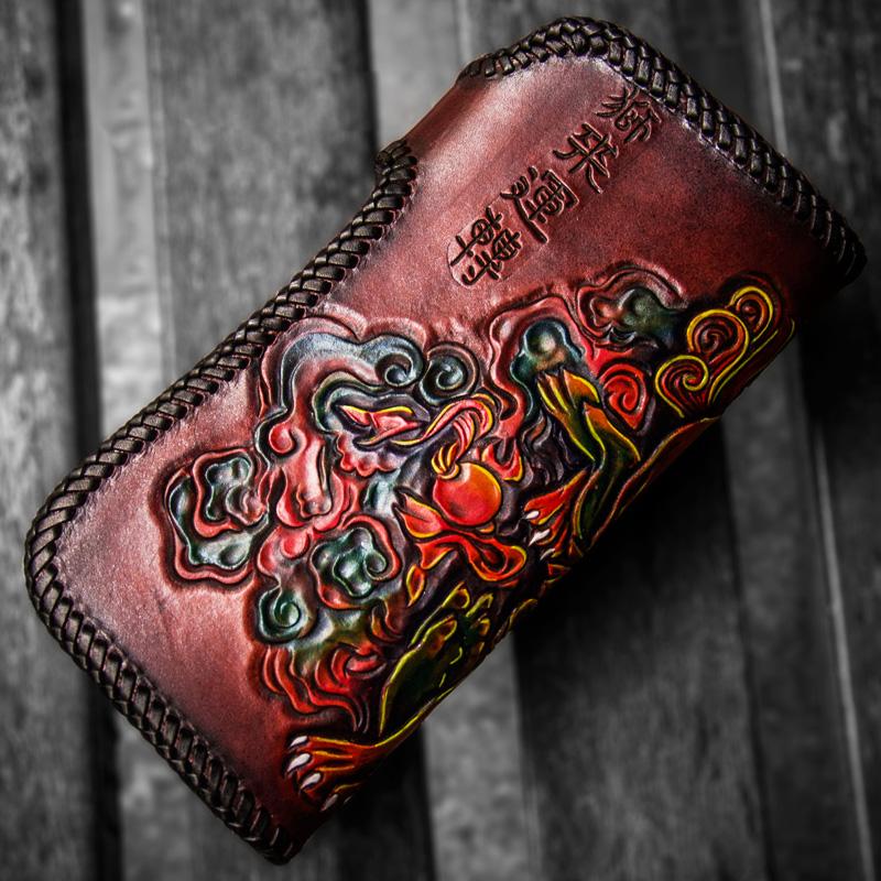 Handmade Leather Chinese Lion Mens Chain Biker Wallet Cool Leather Wallet with Chain Wallets for Men