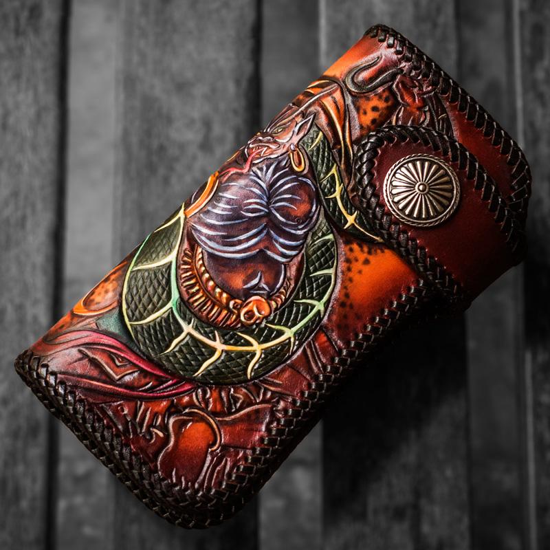 Handmade Leather Prajna Ghost Mens Chain Biker Wallet Tooled Leather Long Wallet With LongChain Wallets for Men