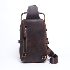 Genuine Leather Mens Cool Chest Bag Sling Bag Coffee One shoulder Backpack for men