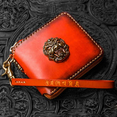 Handmade Leather Tibetan Tooled Mens billfold Wallet Cool Small Chain Wallet Biker Wallet for Men