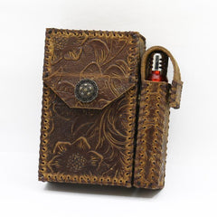 Cool Handmade Leather Mens Engraved Floral Cigarette Holder Case with Lighter holder for Men
