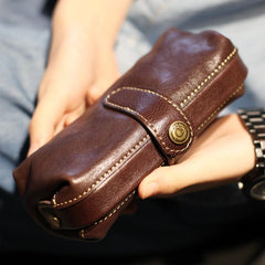 Handmade Brown Leather Long Wallet Clutch Makeup Purse Clutch For Women
