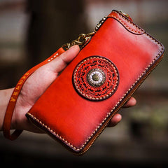 Handmade Leather Mens Tibetan Chain Biker Wallet Cool Leather Wallets Long Clutch Wallets for Men