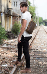 Cool Black Leather Mens Cool Sling Bag Black Crossbody Pack Chest Bag for men