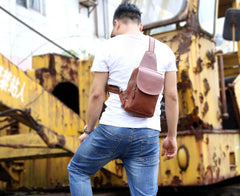 Genuine Leather Mens Cool Chest Bag Brown Sling Bag One Shoulder Backpack for men
