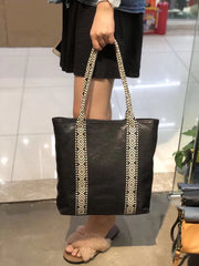 Country Style Black Leather Tote Bag Shopper Bag Brown Tote Purse For Women