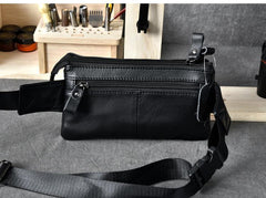 Cool Black Leather Fanny Pack Mens Black Waist Bag Hip Pack Black Belt Bag for Men