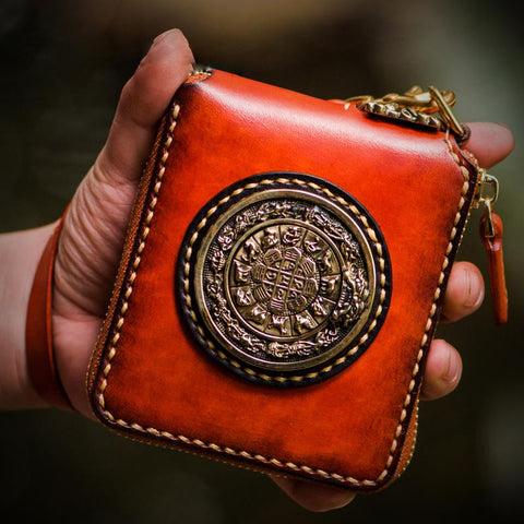 Handmade Leather Small Tibetan Tooled Mens billfold Wallets Cool Chain Wallet Biker Wallet for Men