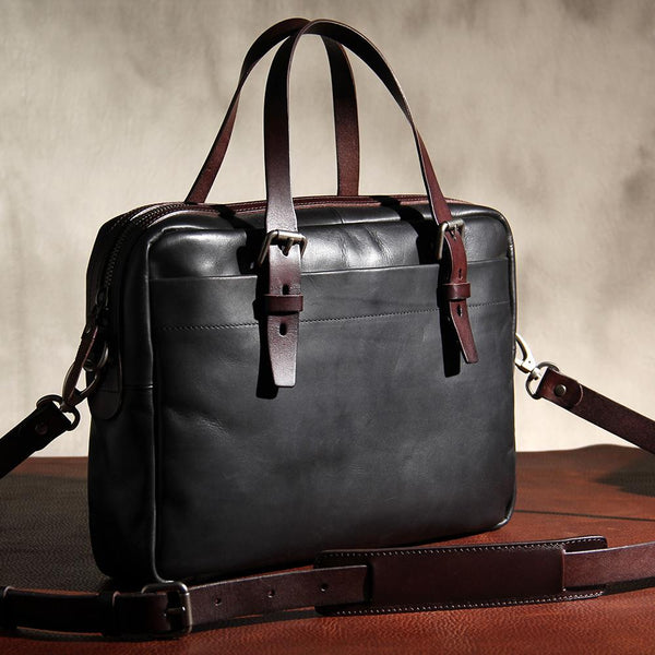 Vintage Leather Mens Black Briefcase Work Bag Laptop Bag Business Bag for Men