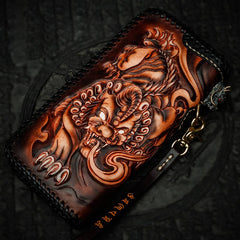Handmade Leather Tooled Chinese Dragon Chain Wallet Mens Biker Wallet Cool Leather Wallets Long  Wallet for Men