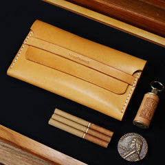 Cool Beige Wooden Slim Leather Mens 20pcs Cigarette Case Custom Beige Cigarette Holder for Men
