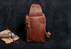 Genuine Leather Mens Cool Chest Bag Brown Sling Bag One Shoulder Backpack for men