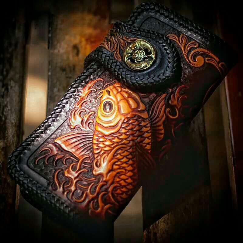 Handmade Leather Tooled Long Carp Mens Chain Biker Wallets Cool Leather Wallet With Chain Wallets for Men