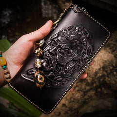 Handmade Leather Acalanatha Mens Tooled Chain Biker Wallet Cool Leather Wallet Long Clutch Wallets for Men