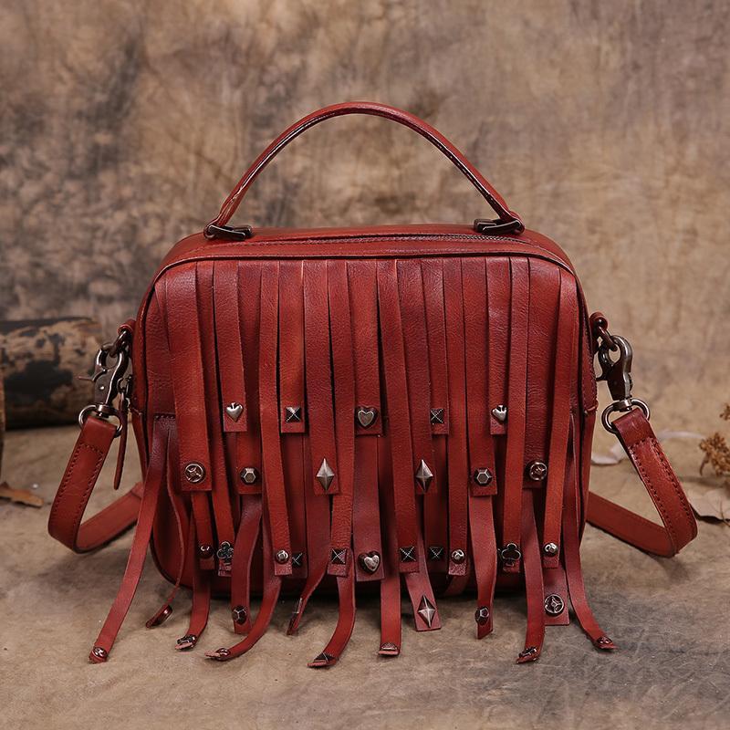Red Vintage Womens Leather Purse Tassel Handbag Brown Shoulder Bag Crossbody Purses for Ladies