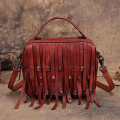 Red Vintage Womens Leather Purse Tassel Handbag Brown Shoulder Bag Crossbody Purses for Ladies