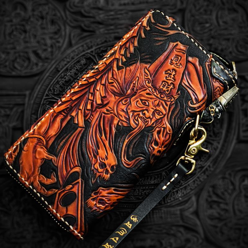 Handmade Leather Tooled Black and White Mens Chain Biker Wallet Cool Leather Wallet Long Phone Wallets for Men