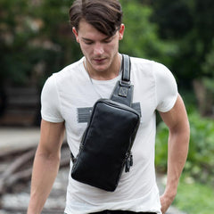 Cool Black Leather Mens Cool Sling Bag Black Crossbody Pack Chest Bag for men