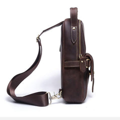 Genuine Leather Mens Cool Chest Bag Sling Bag Coffee One shoulder Backpack for men