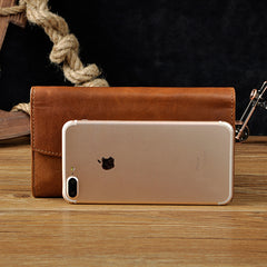Leather Long Wallet for Men Trifold Brown Wallet