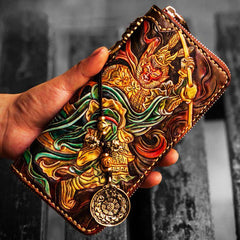 Handmade Leather Tooled Monkey King Mens Chain Biker Wallet Cool Leather Wallet Long Clutch Wallets for Men