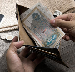 Handmade Leather Mens Cool Slim Leather Wallet Men Small billfold Wallets Bifold for Men