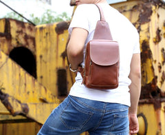 Genuine Leather Mens Cool Chest Bag Brown Sling Bag One Shoulder Backpack for men