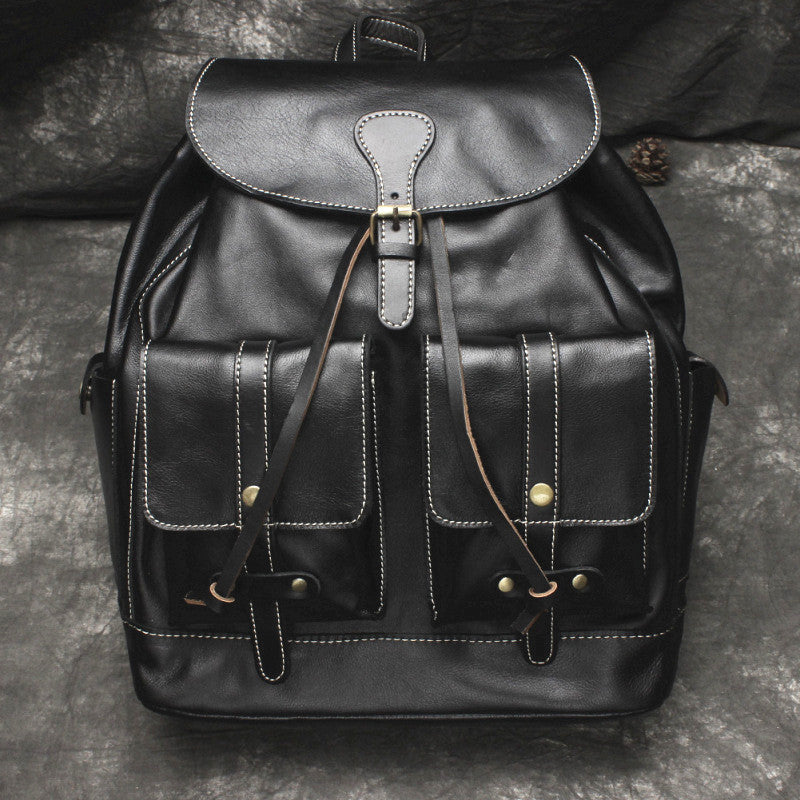 Cool Mens Leather Black Backpack for School Travel Bag Hiking Bag For Men