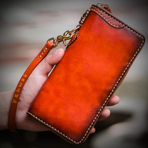 Handmade Leather Mens Chain Biker Wallets Cool Leather Wallet Long Clutch Wallet for Men