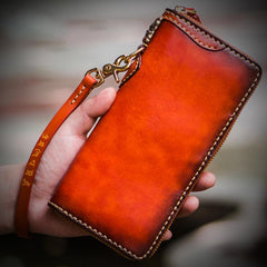 Handmade Leather Mens Chain Biker Wallets Cool Leather Wallet Long Clutch Wallet for Men