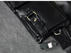 Cool Black Leather Fanny Pack Mens Black Waist Bag Hip Pack Black Belt Bag for Men