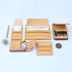 Handmade Wooden Brown Leather Mens Wallet Small Card Holder Coin Wallet for Men