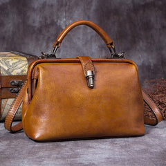 Handmade Tan Leather Handbag Vintage Doctor Bag - Back View Open