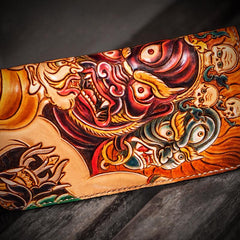 Handmade Leather Tooled Mahākāla Mens Zipper Long Wallet Cool Leather Wristlet Wallet for Men