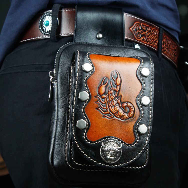 Cool Leather Mens Engraved Scorpion Biker Belt Pouch Waist Bag Drop Leg Bag for Men
