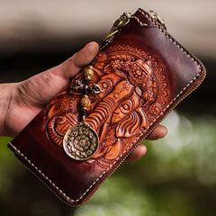 Handmade Leather Tooled Ganesh Mens Chain Biker Wallets Cool Leather Wallet Zipper Long Wallets for Men