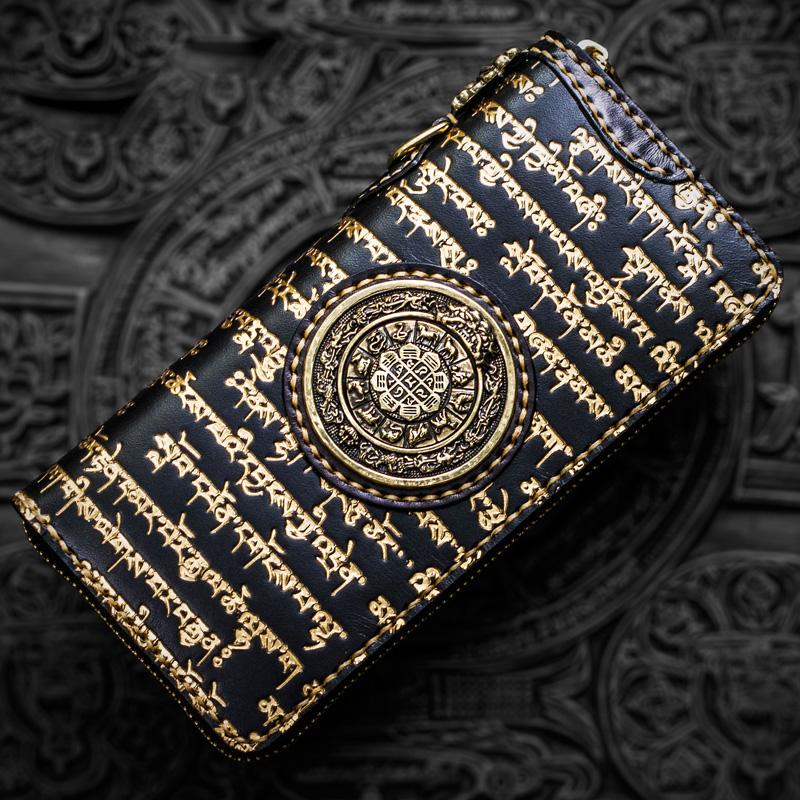 Handmade Leather Tibetan Mens Biker Chain Wallet Cool Leather Wallet Long Clutch Wallets for Men