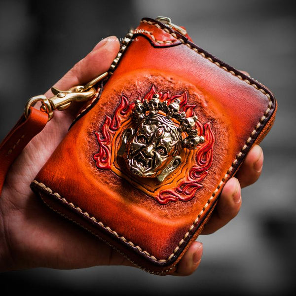 Handmade Mah¨¡k¨¡la Leather Brown Biker Wallet Mens Cool billfold Chain Wallet Trucker Wallet with Chain