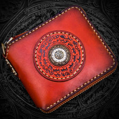 Handmade Leather Small Tibetan Tooled Mens billfold Wallet Cool Chain Wallet Biker Wallet for Men