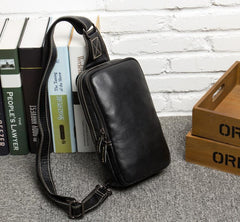 Cool Black Leather Mens Cool Sling Bag Black Crossbody Pack Chest Bag for men