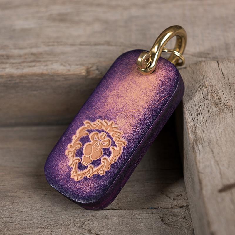 Handmade Leather Mens World of Warcraft Cool Keychain KeyCharm Keyring Pendant for Men
