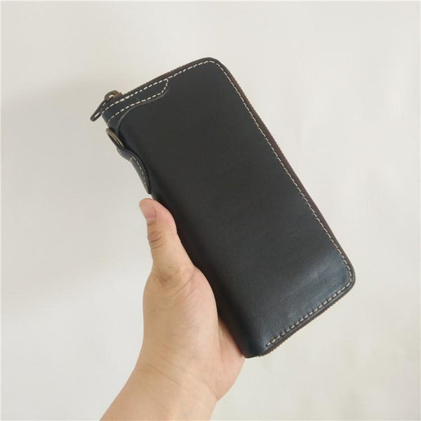 [On Sale] Handmade Mens Long Biker Wallets with Chains Cool Zipper Leather Biker Chain Wallet