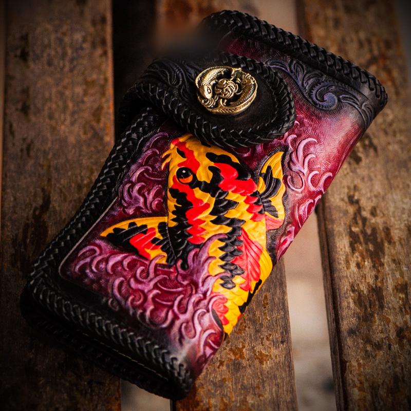 Cool Handmade Leather Tooled Carp Mens Biker Chain Wallet Long Leather Biker Wallet With Chain Wallets for Men