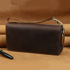 LEATHER MENS Wristlet Wallet Double Zipper Vintage Coffee Clutch FOR MEN