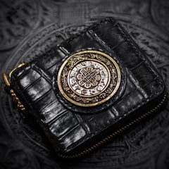 Handmade Leather Crocodile Skin Tooled Mens billfold Wallet Cool Chain Wallet Biker Wallet for Men