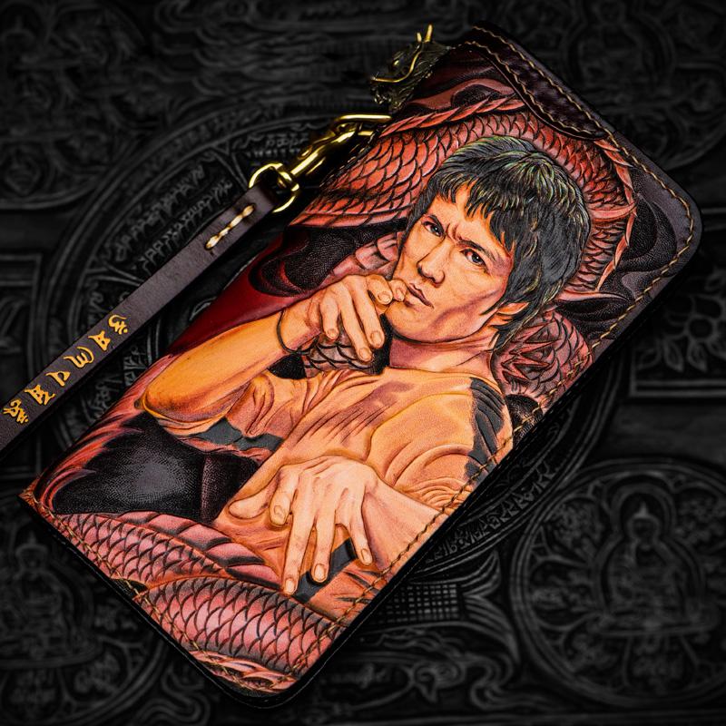 Handmade Leather Tooled Bruce Lee Black Mens Chain Biker Wallet Cool Leather Wallet Long Clutch Wallets for Men