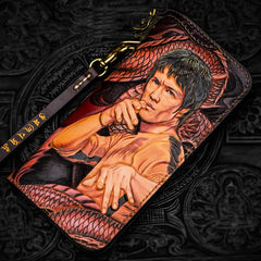 Handmade Leather Tooled Bruce Lee Black Mens Chain Biker Wallet Cool Leather Wallet Long Clutch Wallets for Men