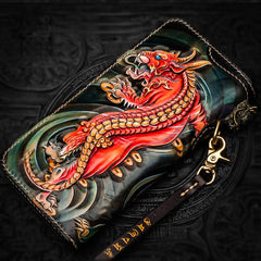 Handmade Leather Chinese Monster Mens Long Chain Biker Wallet Tooled Leather Wallet With Chain Wallets for Men