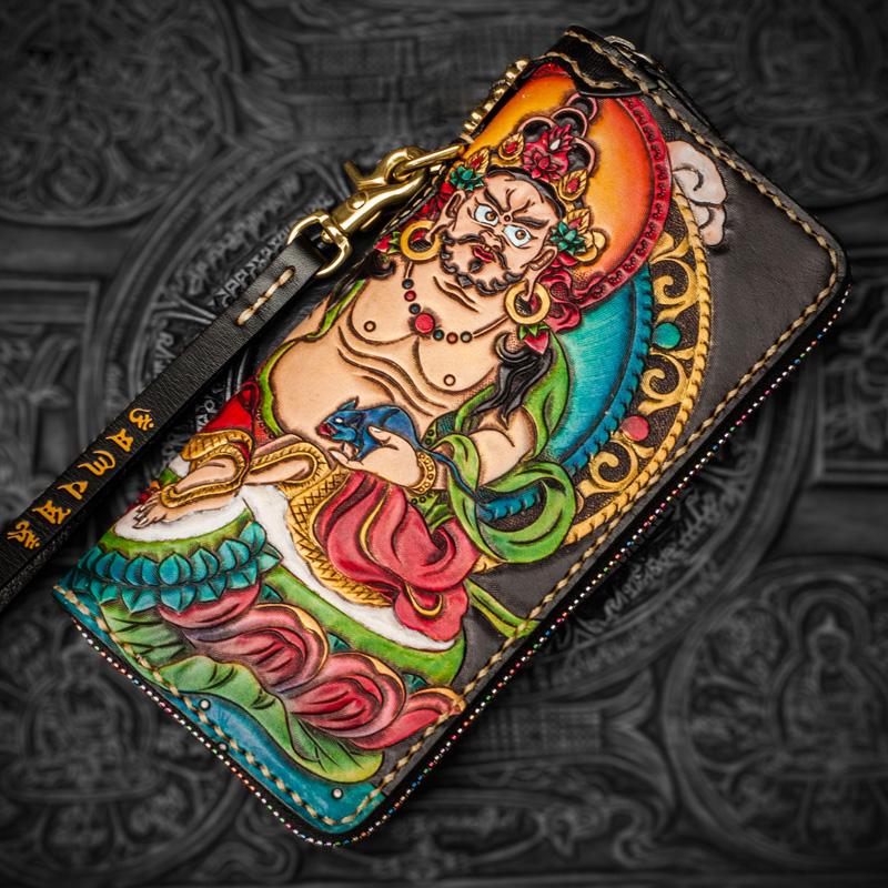 Handmade Leather Tooled Yellow Jambhala Mens Chain Biker Wallets Cool Leather Wallet Zipper Long Wallets for Men