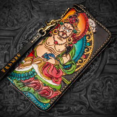 Handmade Leather Tooled Yellow Jambhala Mens Chain Biker Wallets Cool Leather Wallet Zipper Long Wallets for Men